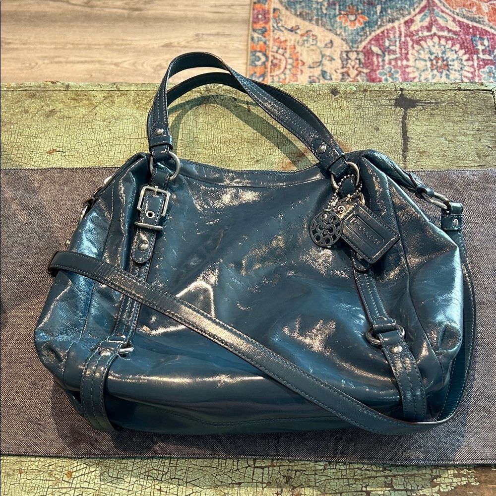 Coach Alexandra 2010 Patent Leather Teal Convertible Satchel Bag - Picture 2 of 7